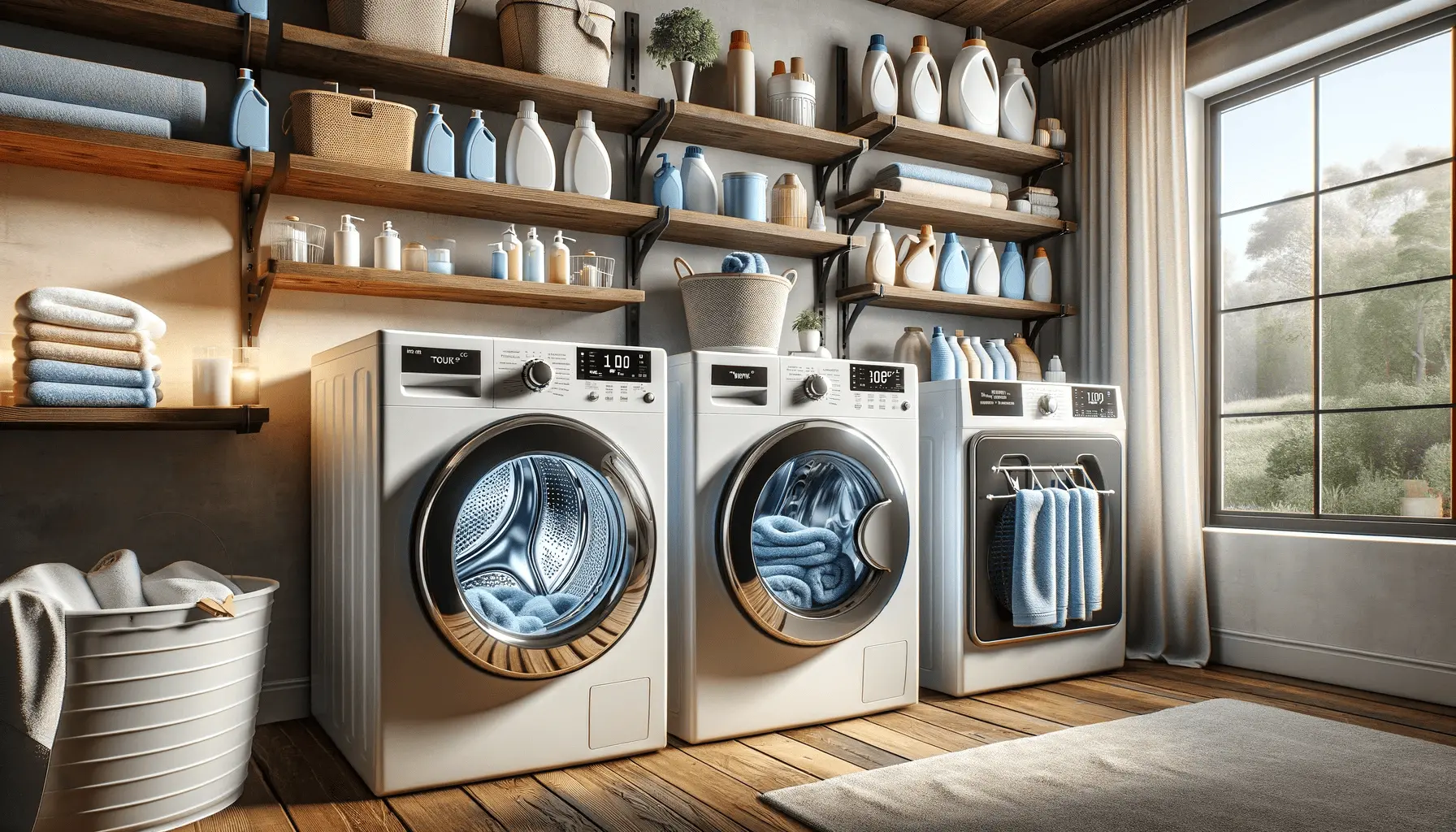 A modern laundry room equipped with the latest washing and drying machines set to optimal cycle settings for towels, emphasizing the importance of selecting the right water temperature, detergent, and cycle settings for towel maintenance.
